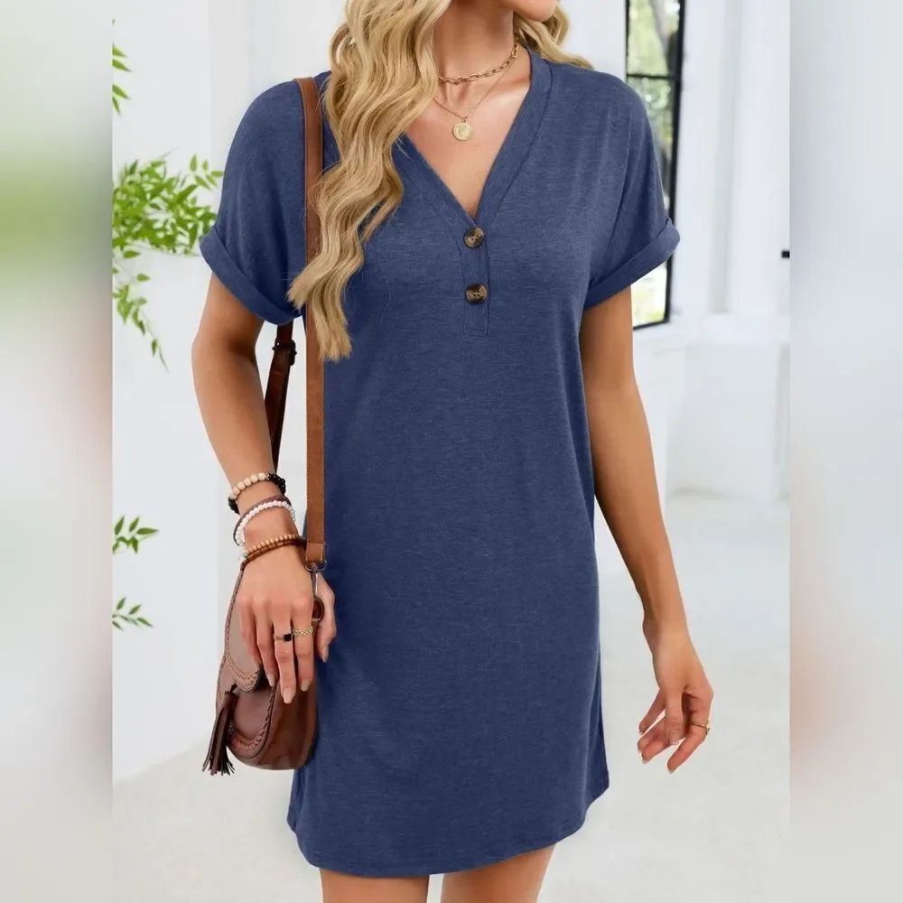 Casual V-Neck Button Henley T- Shirt Dress — Soft Blue